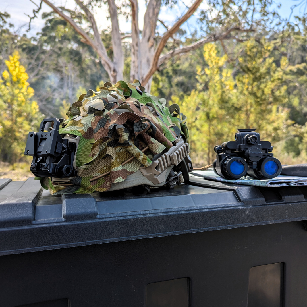 Aegis Collective helmet scrim camouflage wilcox mount g24 team wendy pvs31 white phosphor fom dji drone warfare chemlight IR infrared night vision concealment tactical helmet accessories