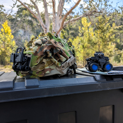 Aegis Collective helmet scrim camouflage wilcox mount g24 team wendy pvs31 white phosphor fom dji drone warfare chemlight IR infrared night vision concealment tactical helmet accessories