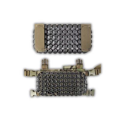 Aegis AirFlex Chest-Rig Pad set with included bungee cords and Velcro patches for secure attachment to chest rigs. Lightweight and breathable for high-temperature environments