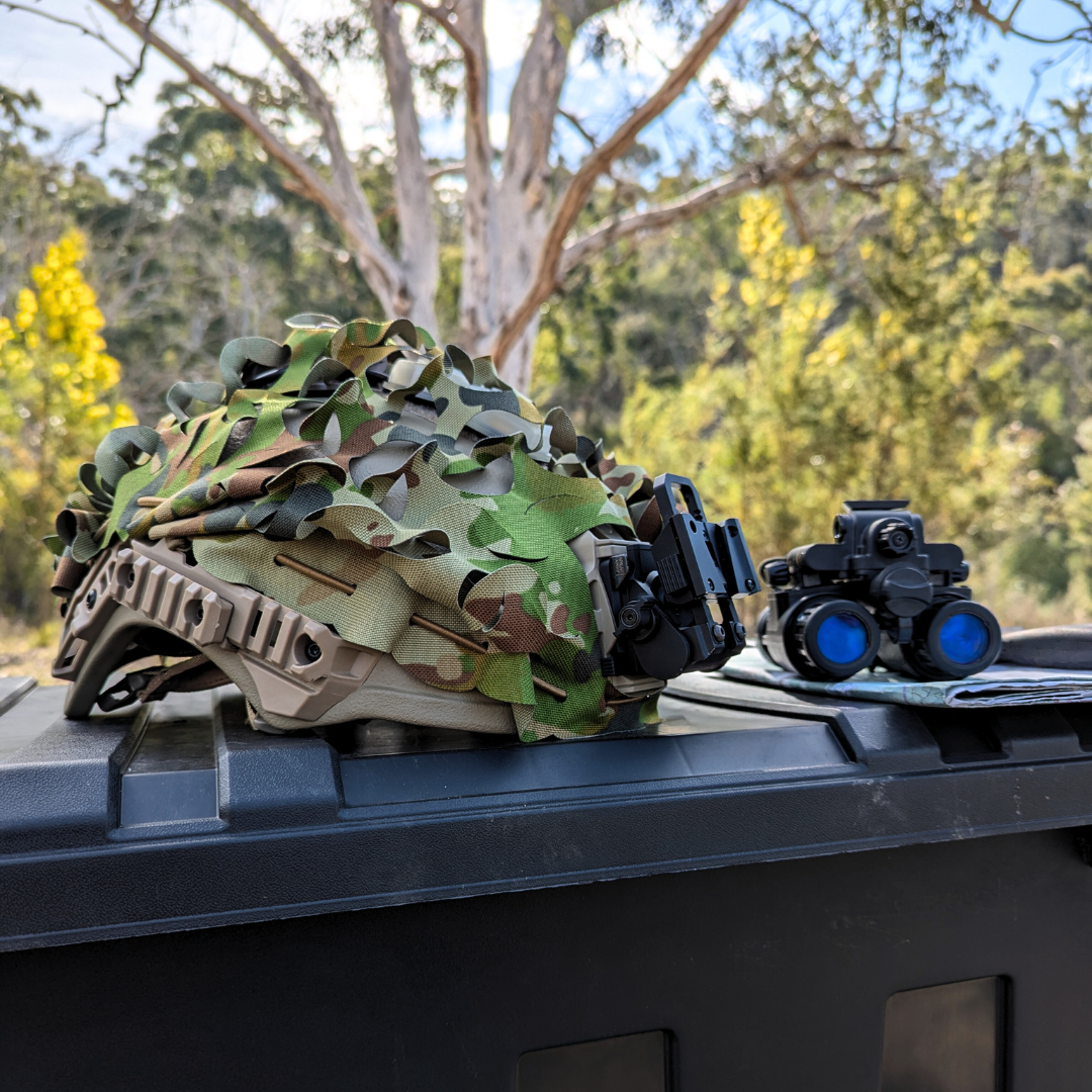 Aegis Collective helmet scrim camouflage wilcox mount g24 team wendy pvs31 white phosphor fom dji drone warfare chemlight IR infrared night vision concealment tactical helmet accessories